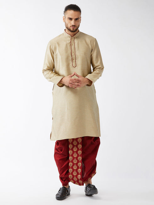 Vastramay Men's Beige And Maroon Silk Blend Kurta And Dhoti Set